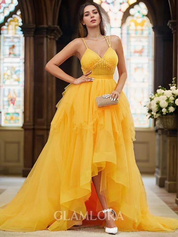 A-line V-Neck Sleeveless Asymmetrical Subtle Tulle Prom Dresses