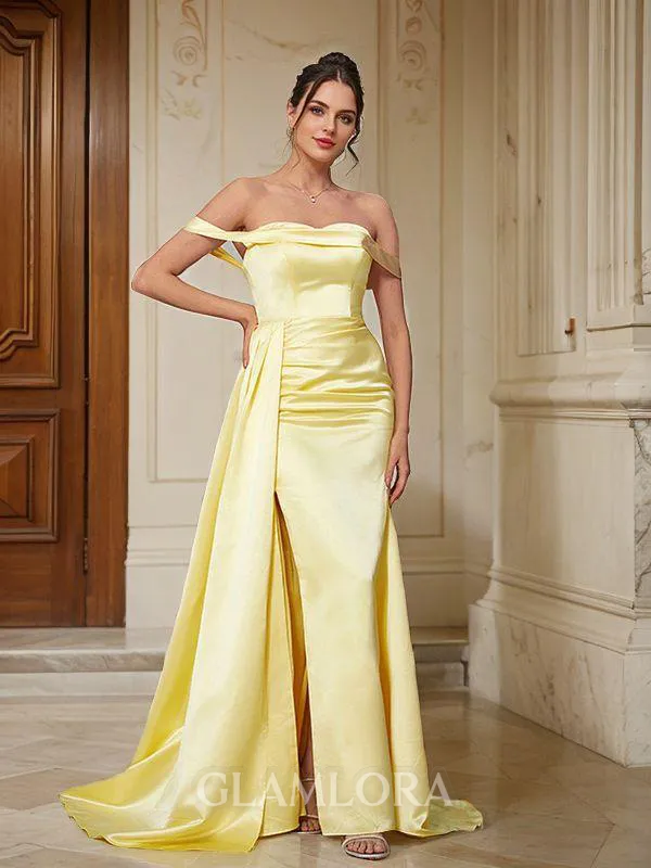 Sheath/Column Off-the-Shoulder Clean-lined Sleeveless Sweep Train Satin Prom Dresses