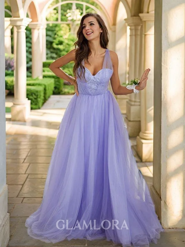 A-line Sweetheart Sleeveless Chic Sweep Train Tulle Prom Dresses