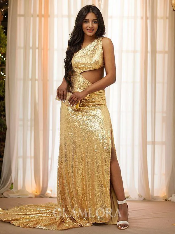 Sheath/Column One-Shoulder Sleeveless Radiant Court Train Sequins Prom Dresses