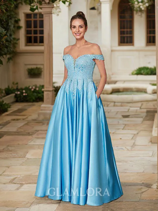 A-line Off-the-Shoulder Classy Sleeveless Floor-Length Satin Prom Dresses
