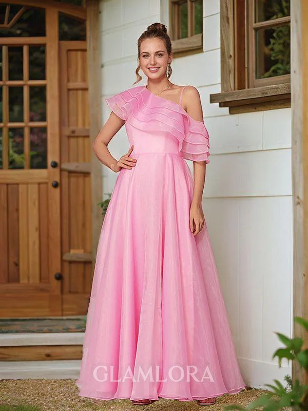 A-line One-Shoulder Charming Sleeveless Floor-Length Organza Prom Dresses