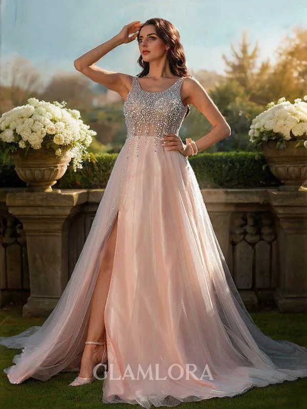 A-line Straps Stylish Sleeveless Sweep Train Open Back Tulle Prom Dresses