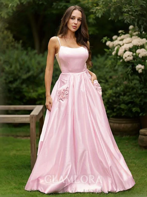 A-line Spaghetti Straps Refined Sleeveless Floor-Length Satin Prom Dresses