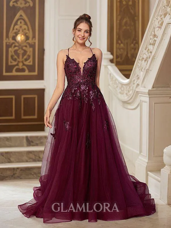 A-line V-Neck Fashion Sleeveless Court Train Tulle Prom Dresses