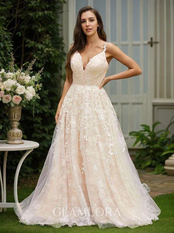 A-line V-Neck Elegant Sleeveless Sweep Train Tulle Prom Dresses
