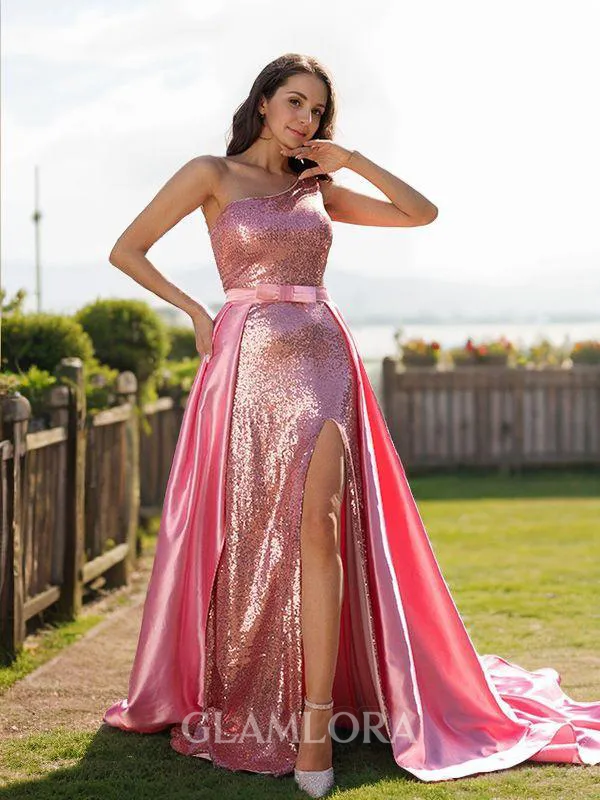 A-line One-Shoulder Chic Sleeveless Sweep Train Silk like Satin Prom Dresses