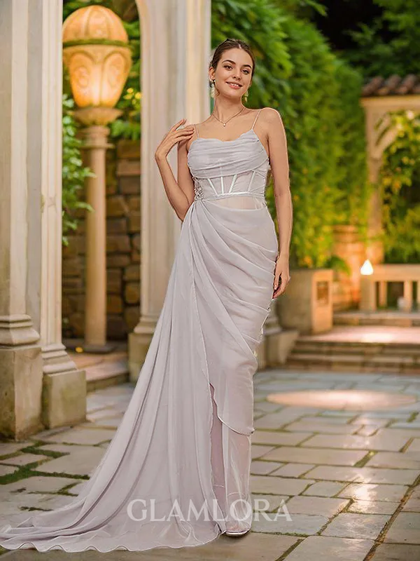 Sheath/Column Spaghetti Straps Refined Sleeveless Sweep Train 30D Chiffon Prom Dresses