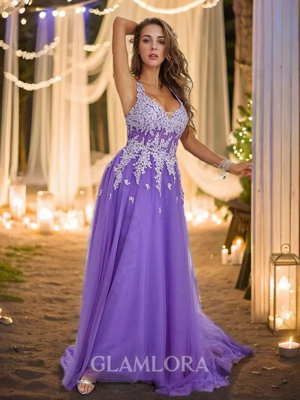 A-line V-Neck Elegant Sleeveless Sweep Train Tulle Prom Dresses