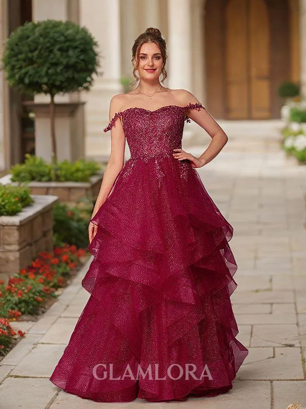 A-line Off-the-Shoulder Glam Sleeveless Floor-Length Prom Dresses
