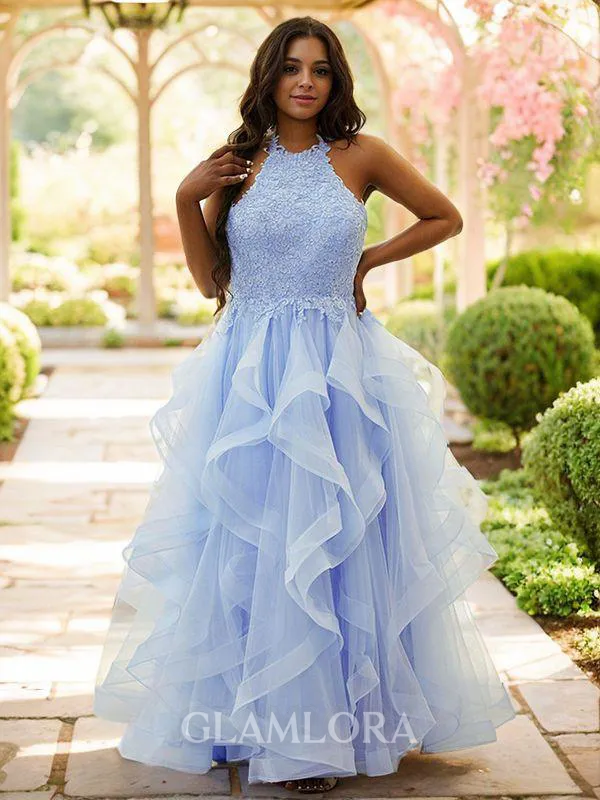 A-line Halter Modest Sleeveless Floor-Length Tulle Prom Dresses