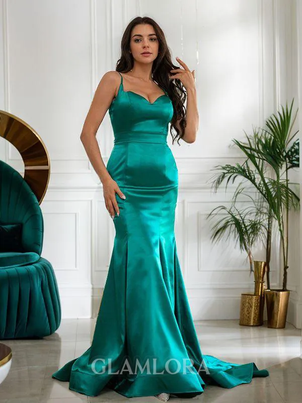 Sheath/Column Show-stopping V-Neck Sleeveless Sweep Train Silk like Satin Prom Dresses
