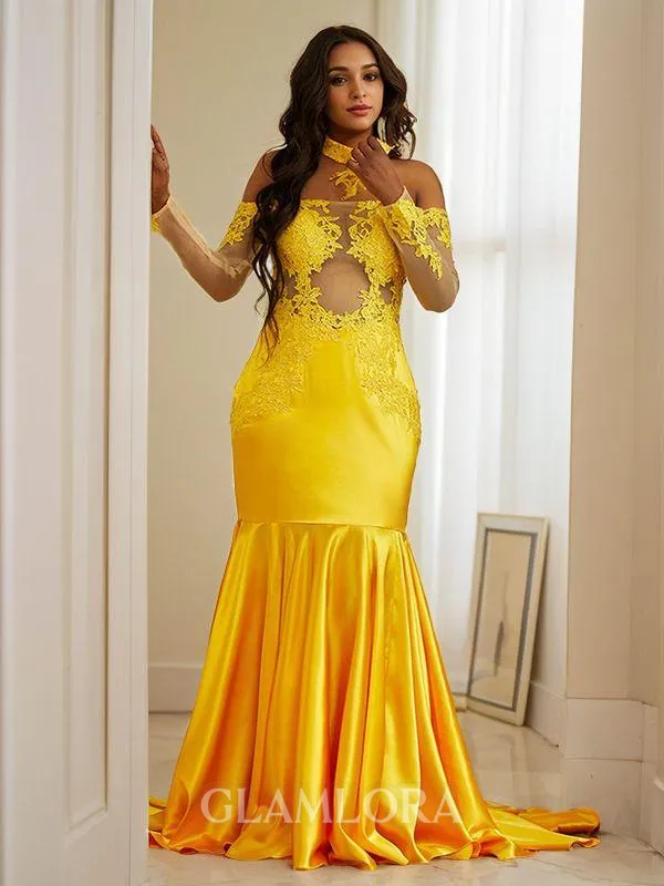 Trumpet/Mermaid Off-the-Shoulder Exquisite Long Sleeves Sweep Train Silk like Satin Prom Dresses