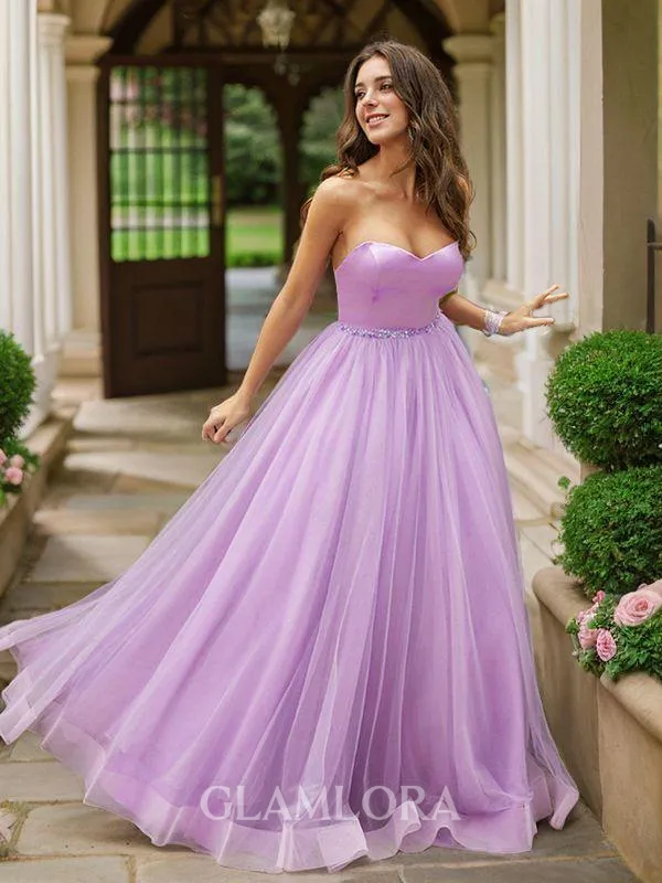 A-line Sweetheart Sleeveless Floor-Length Delicate Tulle Prom Dresses