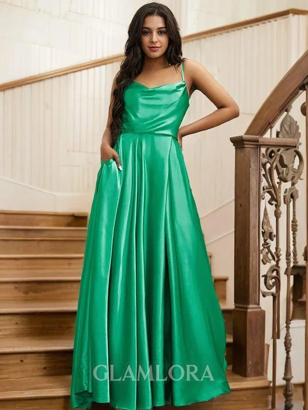 Delicate A-line Spaghetti Straps Sleeveless Sweep Train Silk like Satin Prom Dresses