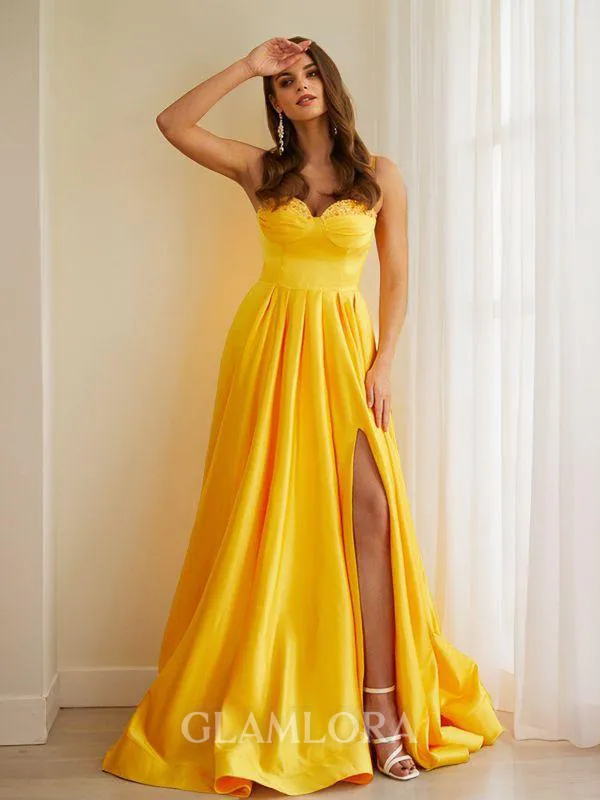 A-line Spaghetti Straps Delicate Sleeveless Floor-Length Satin Prom Dresses