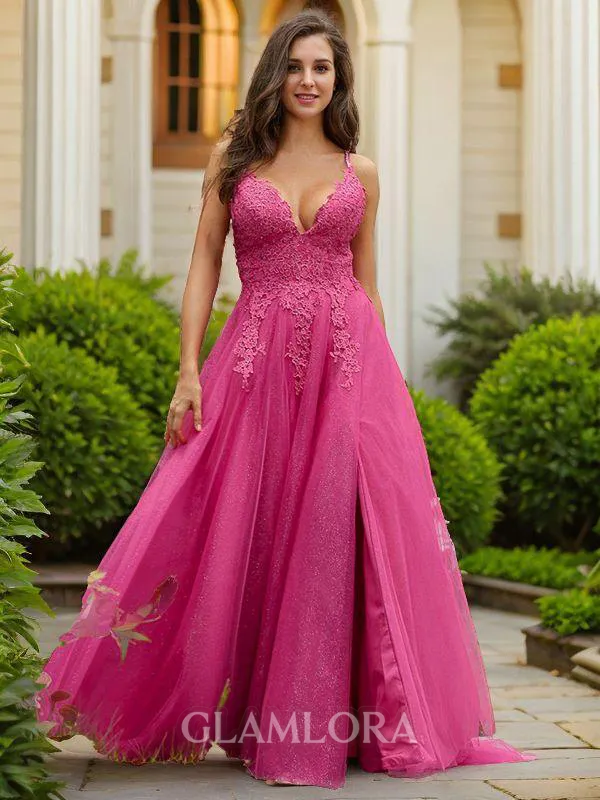 A-line V-Neck Dreamy Sleeveless Sweep Train Tulle Prom Dresses