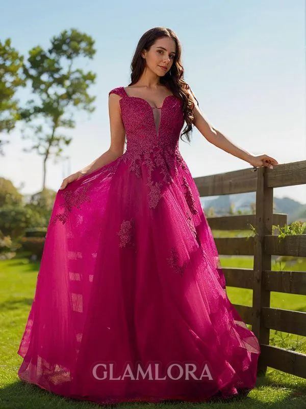 A-line V-Neck Trendy Sleeveless Floor-Length Tulle Prom Dresses