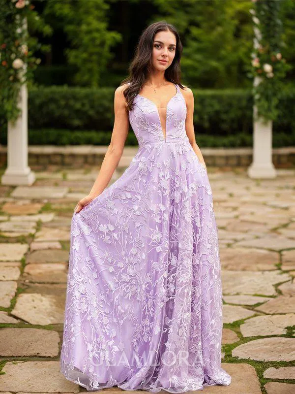 A-line V-Neck Classic Sleeveless Sweep Train Lace Prom Dresses