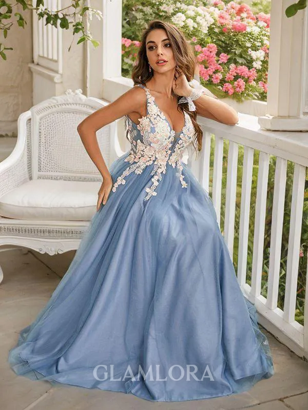 A-line V-Neck Sleeveless Floor-Length Charming Tulle Prom Dresses