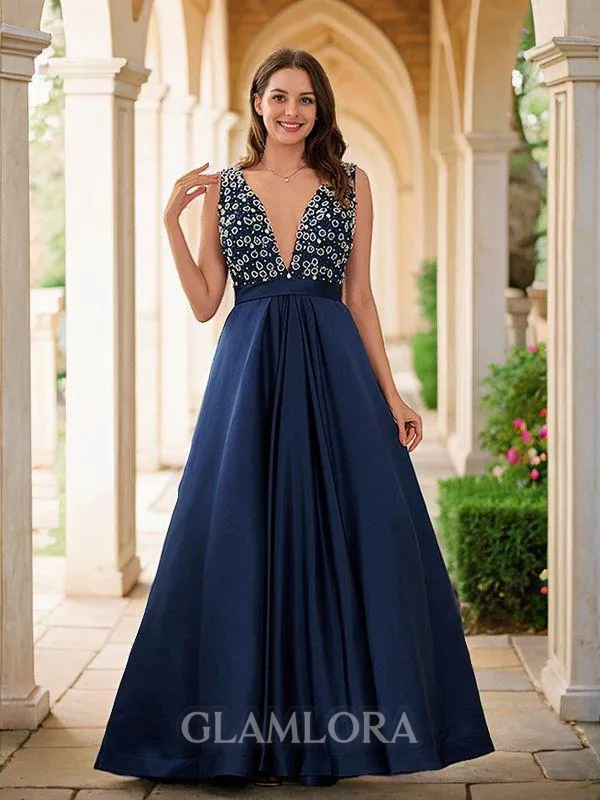 A-line V-Neck Elegant Sleeveless Sweep Train Satin Prom Dresses