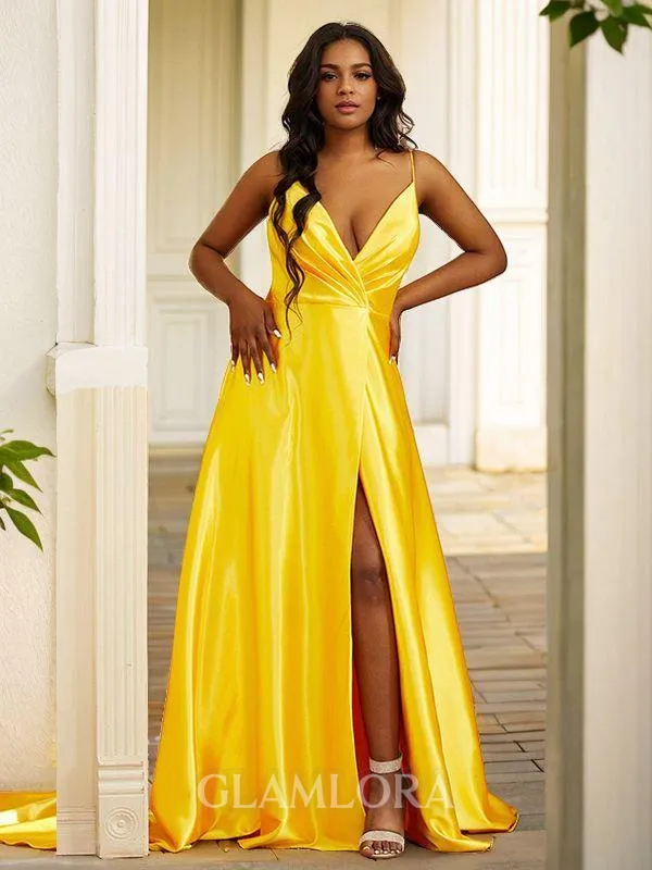 A-line V-Neck Sleeveless Sweep Train Silk like Satin Flattering Prom Dresses