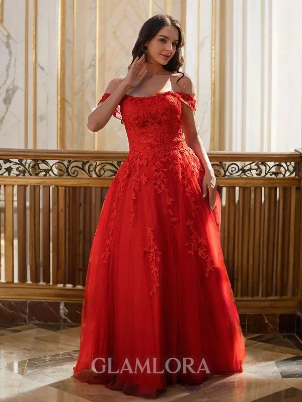 Perfect A-line Off-the-Shoulder Sleeveless Floor-Length Tulle Prom Dresses