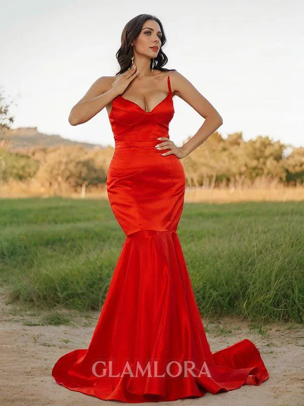 Trumpet/Mermaid Sweetheart Sleeveless Svelte Sweep Train Satin Prom Dresses