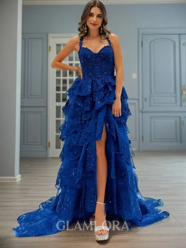 Princess A-line Tulle Straps Sweep Train Prom Dress With Slit