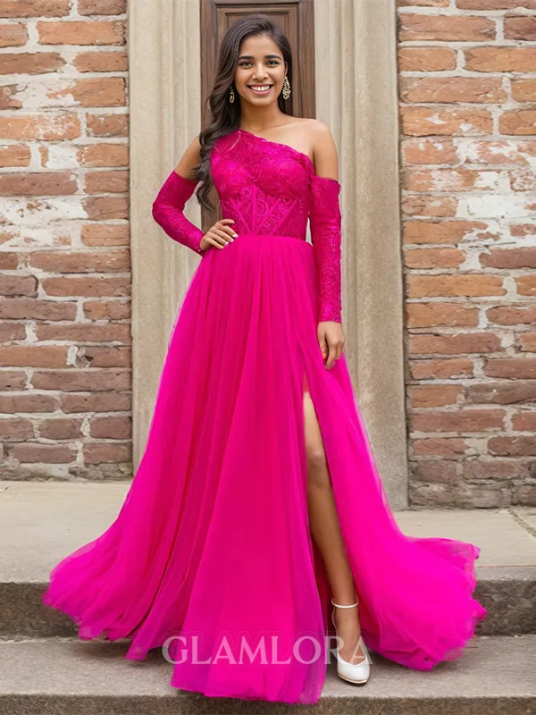 Princess A-line Tulle One-Shoulder Long Sleeves Sweep Train Corset Prom Dress With Slit