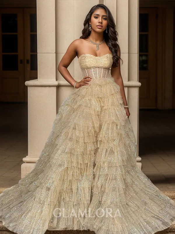 A-line Princess Straight Court Train Corset Prom Dress