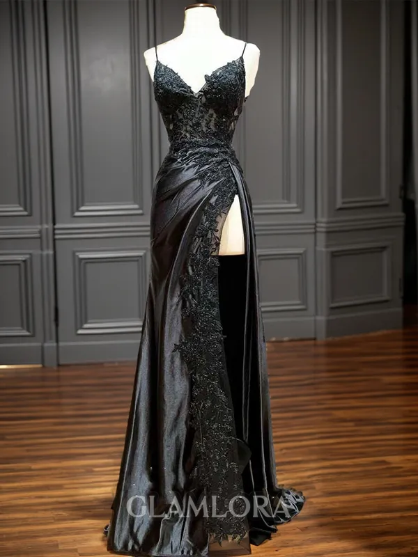 Teasing Sheath/Column Silk like Satin V-neck Sweep Train Prom Dress With Slit