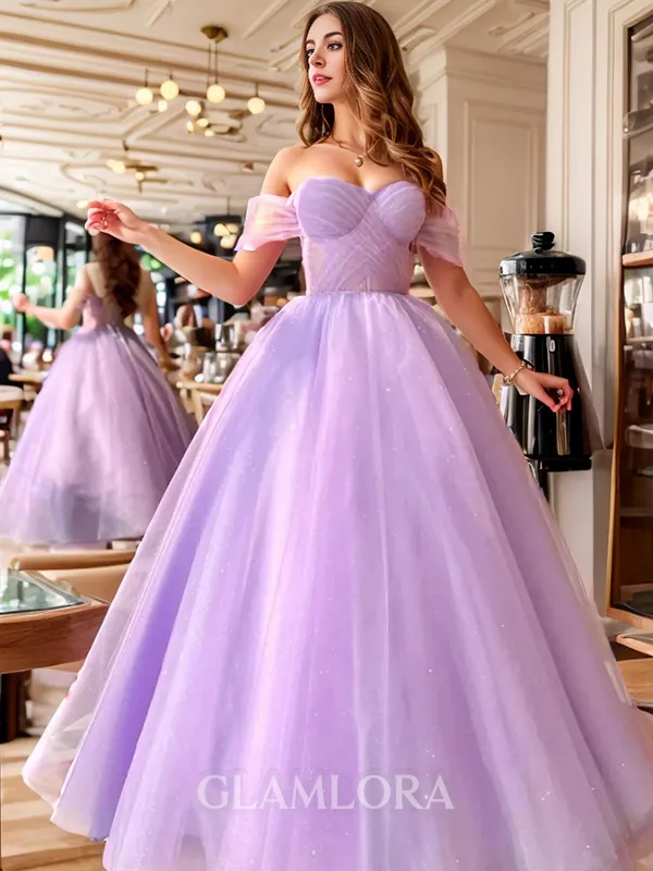 Ball-Gown Elegant Tulle Off-the-Shoulder Floor-Length Prom Dress With Pleated