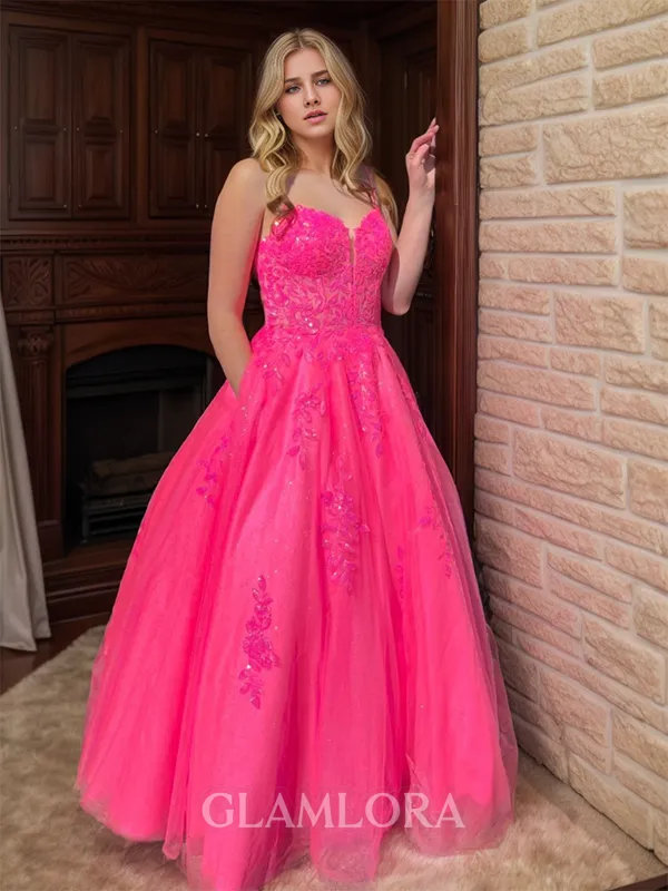 Stunning A-line Spaghetti Straps Floor-Length Tulle Corset Prom Dress With Pockets