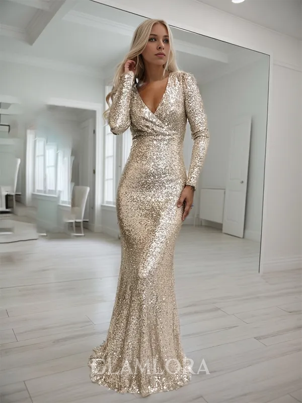 Sparkly Sheath/Column V-neck Long Sleeves Floor-Length Sequins Prom Dress