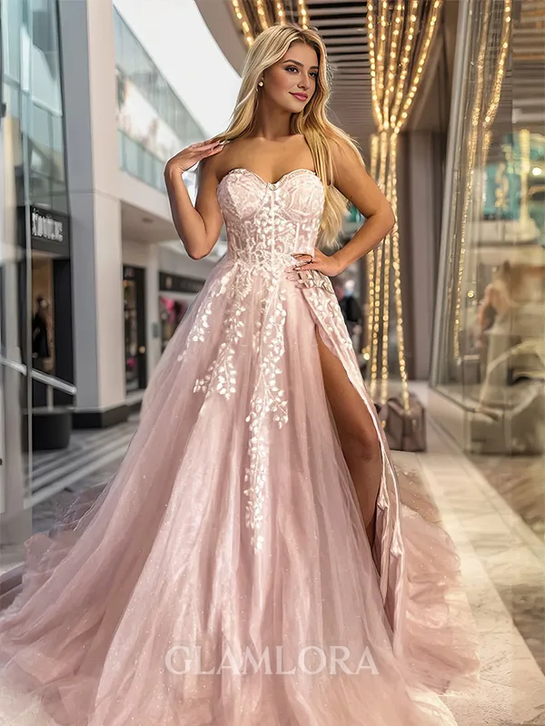 Subtle A-line Sweetheart Sweep Train Tulle Corset Prom Dress With Slit