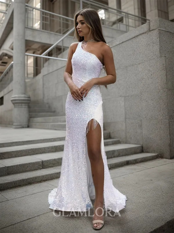 Sheath/Column Stylish One-Shoulder Sweep Train Prom Dress With Slit