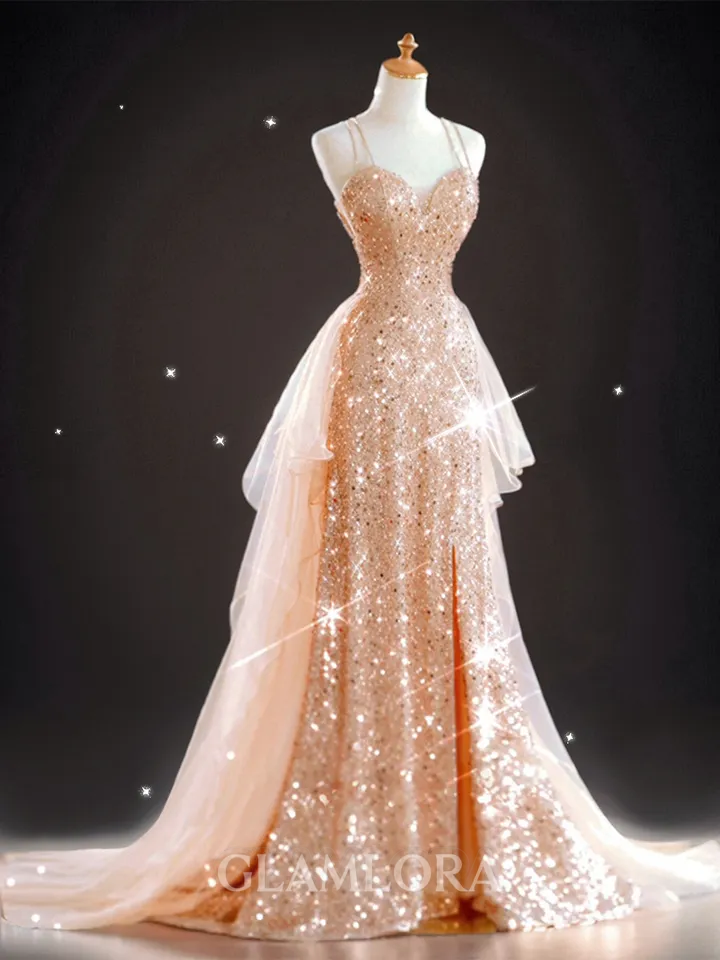 Elegant A-line V-neck Sweep Train Prom Dress With Slit