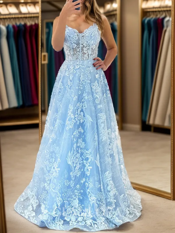 A-line Subtle V-neck Sweep Train Lace Corset Prom Dress