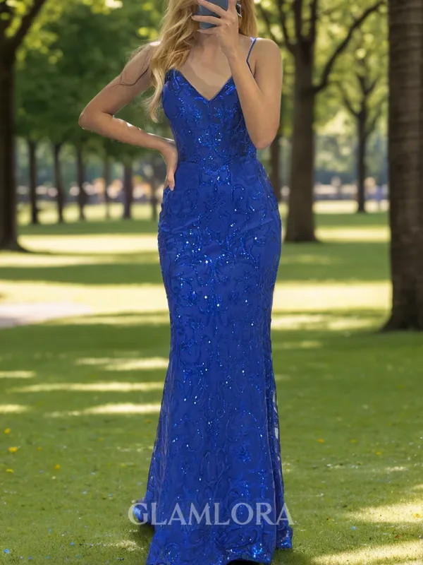 Chic Sheath/Column V-neck Sweep Train Lace Prom Dress