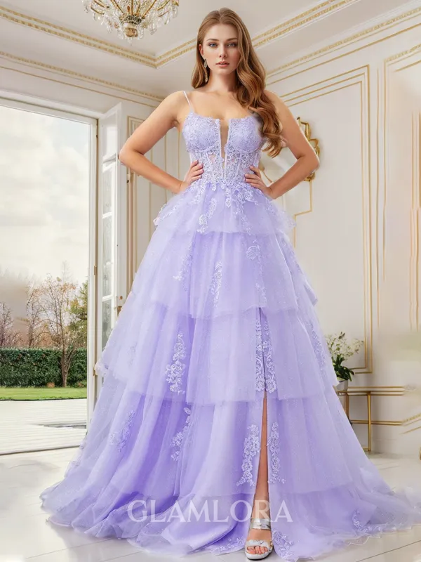 Dreamy A-line Spaghetti Straps Sweep Train Tulle Corset Prom Dress With Slit