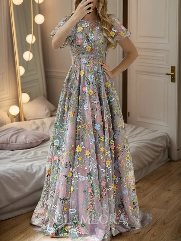 Perfect A-line Scoop Short Sleeves Sweep Train Lace Prom Dress With Appliques Lace