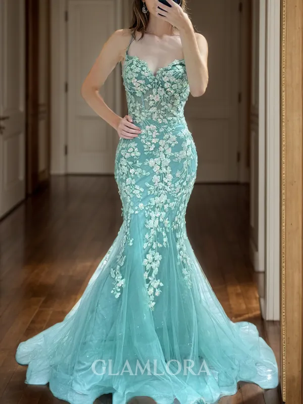 Fashion Sheath/Column V-neck Sweep Train Tulle Corset Prom Dress With Appliques Lace