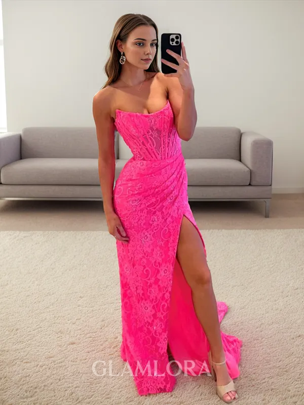 Stylish Sheath/Column Straight Court Train Lace Corset Prom Dress With Slit
