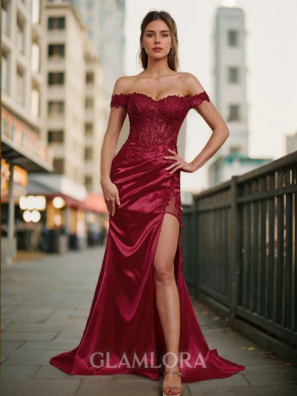 Chic Sheath/Column Off-the-Shoulder Sweep Train Silk like Satin Corset Prom Dress With Slit