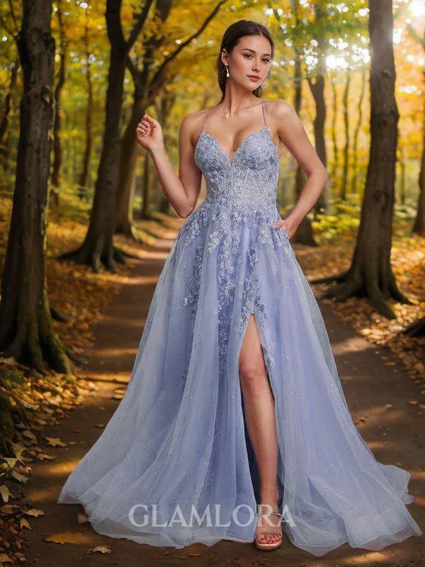 A-line Fashion V-neck Sweep Train Corset Prom Dress With Slit