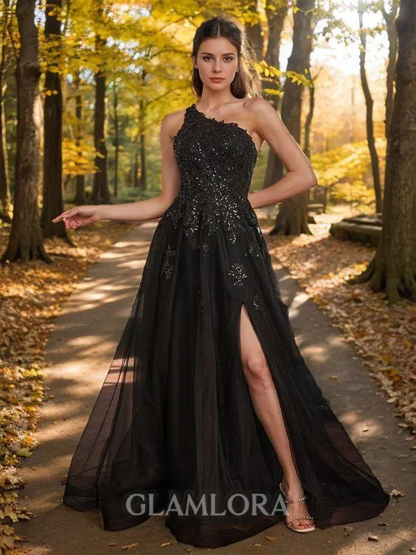 A-line Glam One-Shoulder Floor-Length Tulle Prom Dress With Slit