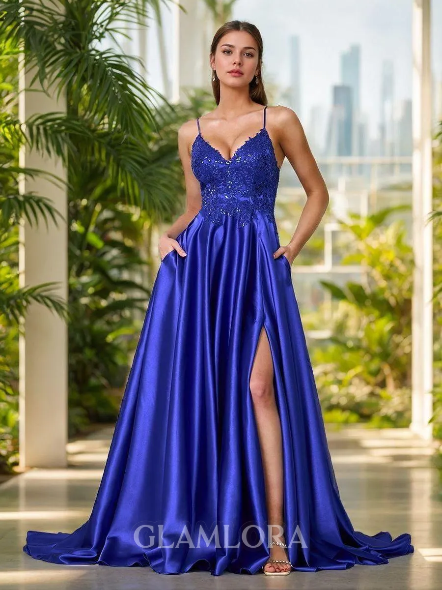 Modest A-line V-neck Sweep Train Silk like Satin Prom Dress With Slit