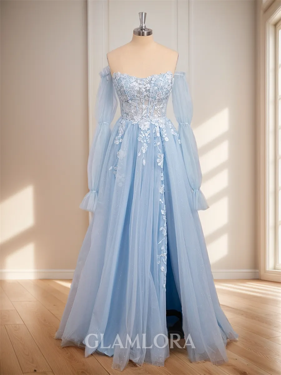 Charming A-line Straight Long Sleeves Sweep Train Tulle Convertible Corset Prom Dress With Slit