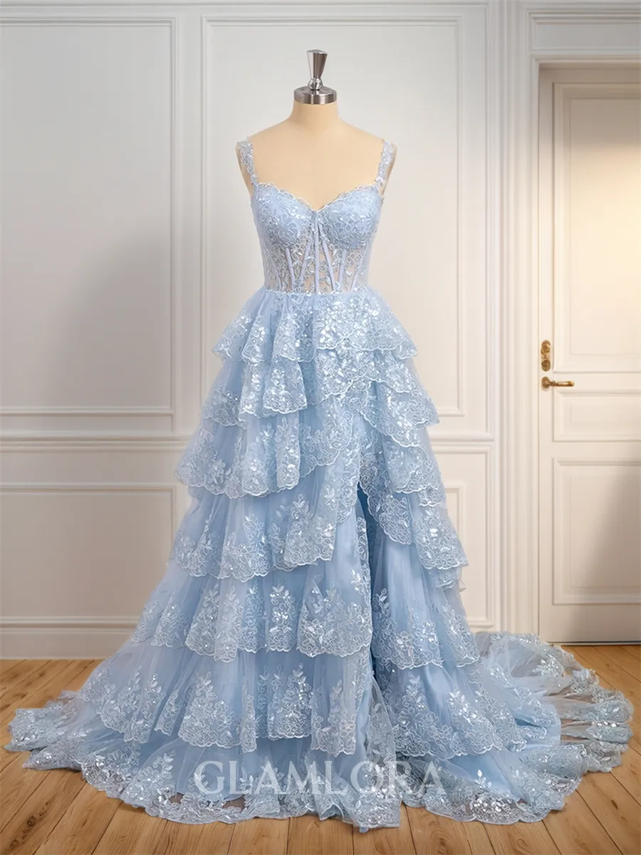 A-line Dreamy Off-the-Shoulder Court Train Tulle Corset Prom Dress With Slit